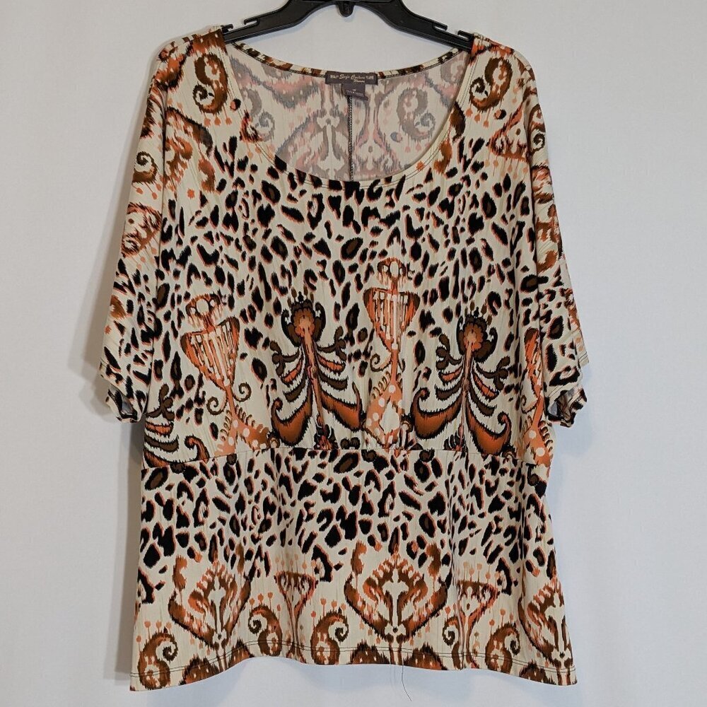 SUZIE COUTURE Brown/Tan Animal Print Short Sleeve Pullover Top; Size 1X